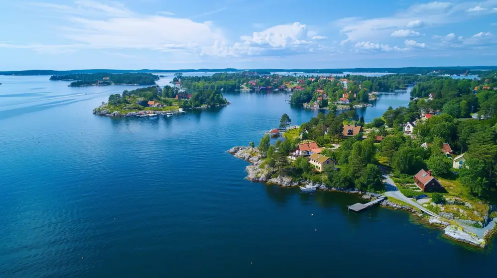 Flygfoto över ett fridfullt kustlandskap i Svalövs kommun med flera små öar täckta av grönska och utspridda hus. Lugnt blått vatten, som hanteras av ett minireningsverk-system, omger landet, och himlen är lätt prickad av moln en solig dag.