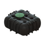 En svart rektangulär Biokube-tank i plast med rundade kanter, räfflade sidor för förstärkning och ett runt grönt åtkomstlock i mitten.