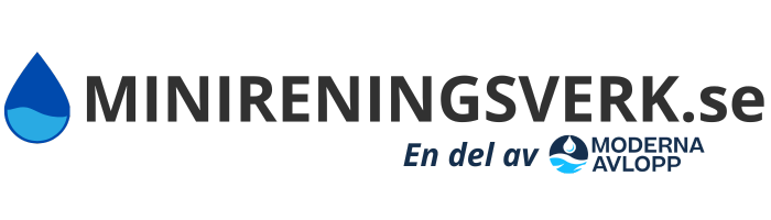 Logotyp för MINIRENINGSVERK.se med en blå vattendroppsikon till vänster. Till höger står det "En del av MODERNA AVLOPP" med en mindre vattendroppe och vågsymbol.