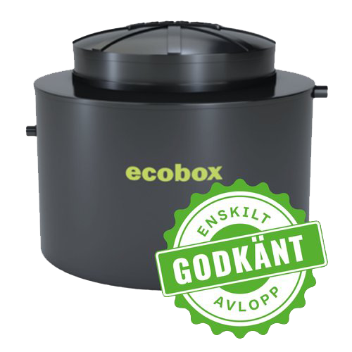 En svart cylindrisk ecobox-tank med lock och varumärkesnamnet i gult. En grön "ENKILT AVLOPP GODKÄNT" badge visas på framsidan, perfekt för dig som behöver hjälp med enskilt avlopp.