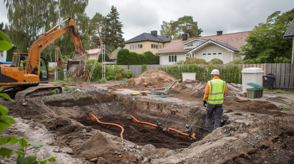 En byggnadsarbetare i reflexväst och hjälm står nära en grävmaskin och gräver diken för enskilt avlopp på en bostadsgata, med hus, träd och byggutrustning synliga i bakgrunden.