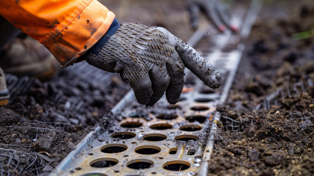 En person som bär en svart handske med textur och en orange ärm installerar eller justerar en fosforfälla i jord, med smuts synlig på handsken och i det omgivande området, som en del av ett enskilt avloppssystem.