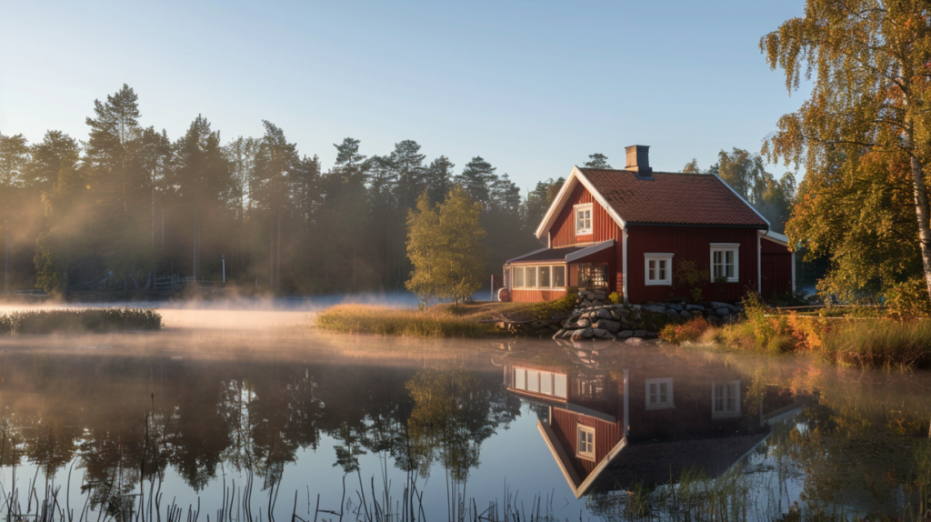 Ett rött trähus med vita detaljer ligger vid en lugn sjö, omgiven av träd och lätt morgondimma. Huset speglar sig i vattnet och njuter av det tidiga solljuset och höstlöven - en fridfull scen sedan 2019 års nya regler för enskilt avlopp.